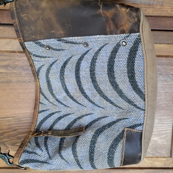 Myra Bag Distressed Leather Canvas Accents Shoulder Bag - Picture 2 of 9